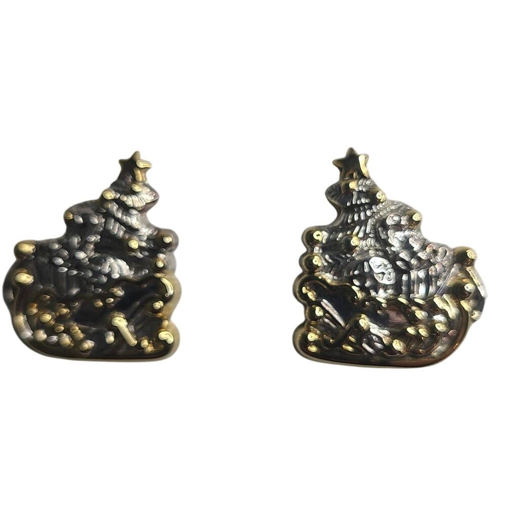 Vintage Best Christmas Santa Sleigh Silver & Gold Tone Stud Earrings 1 1/4" NOS